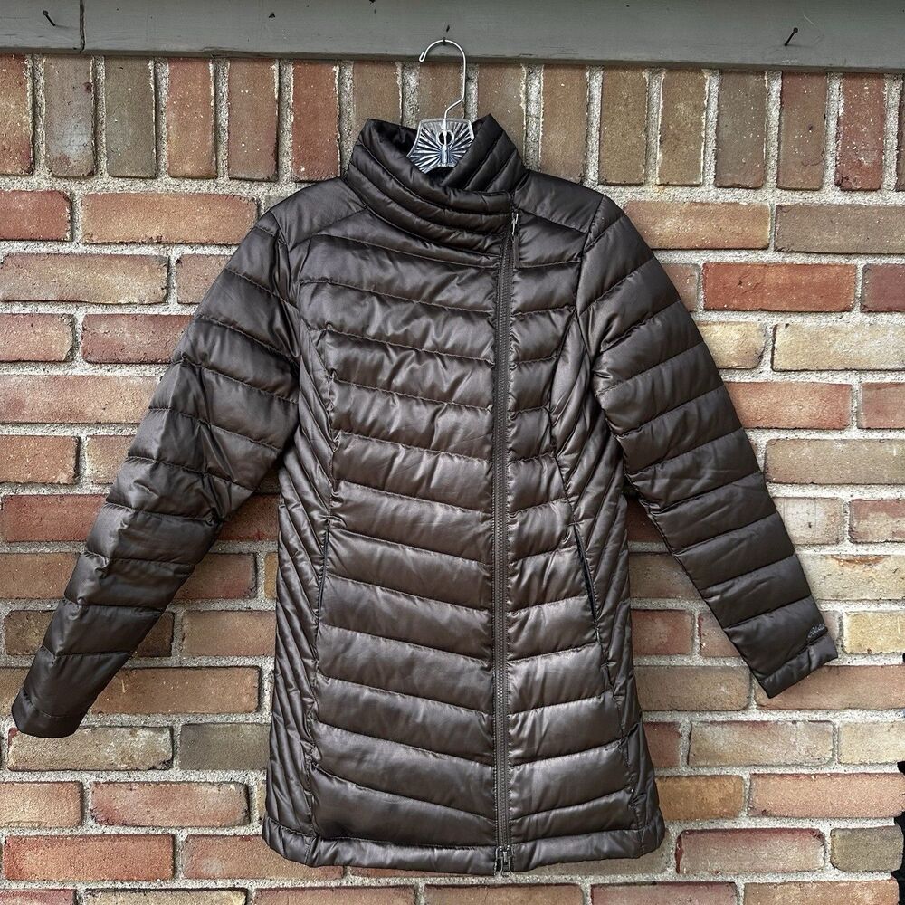 Eddie Bauer Womens XS Brown Down Insulated Quilted Full Zip Mid-Length Puffer